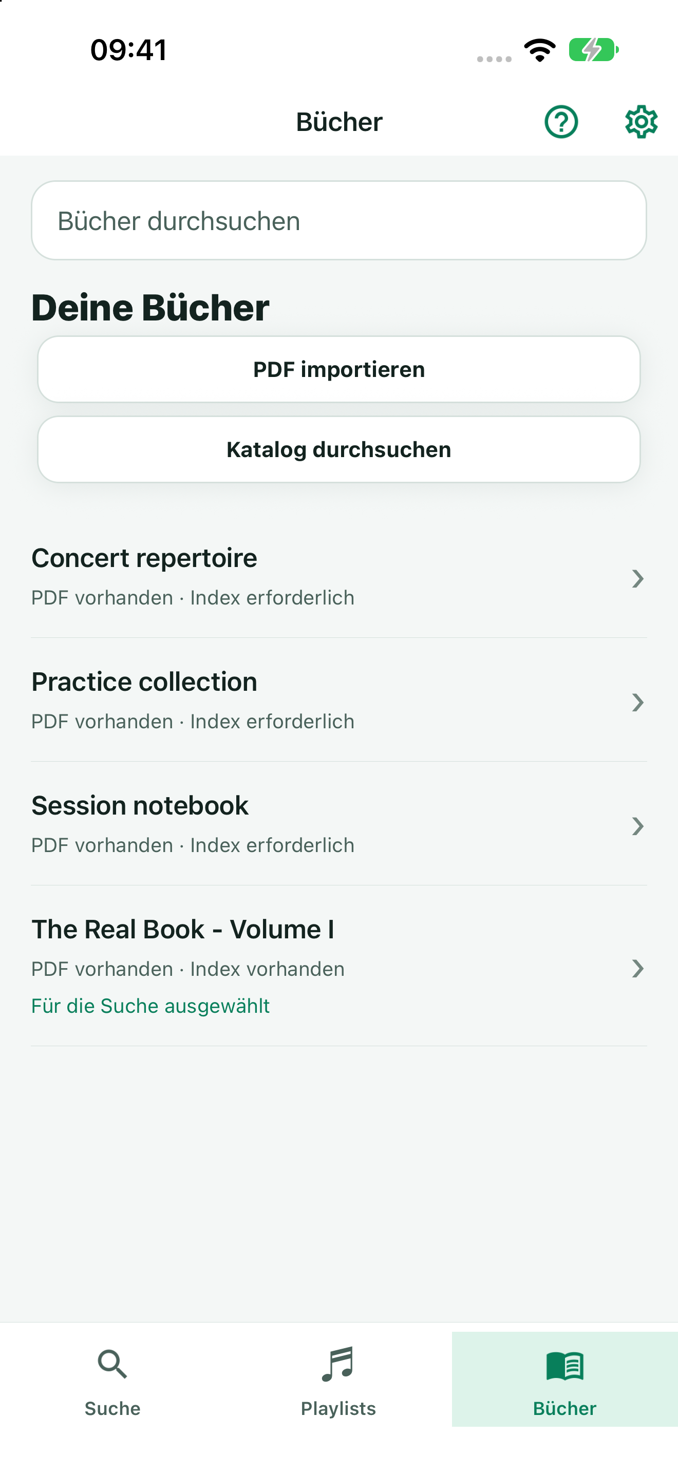 TuneFinder searchable Books library with imported PDFs and a selected search book
