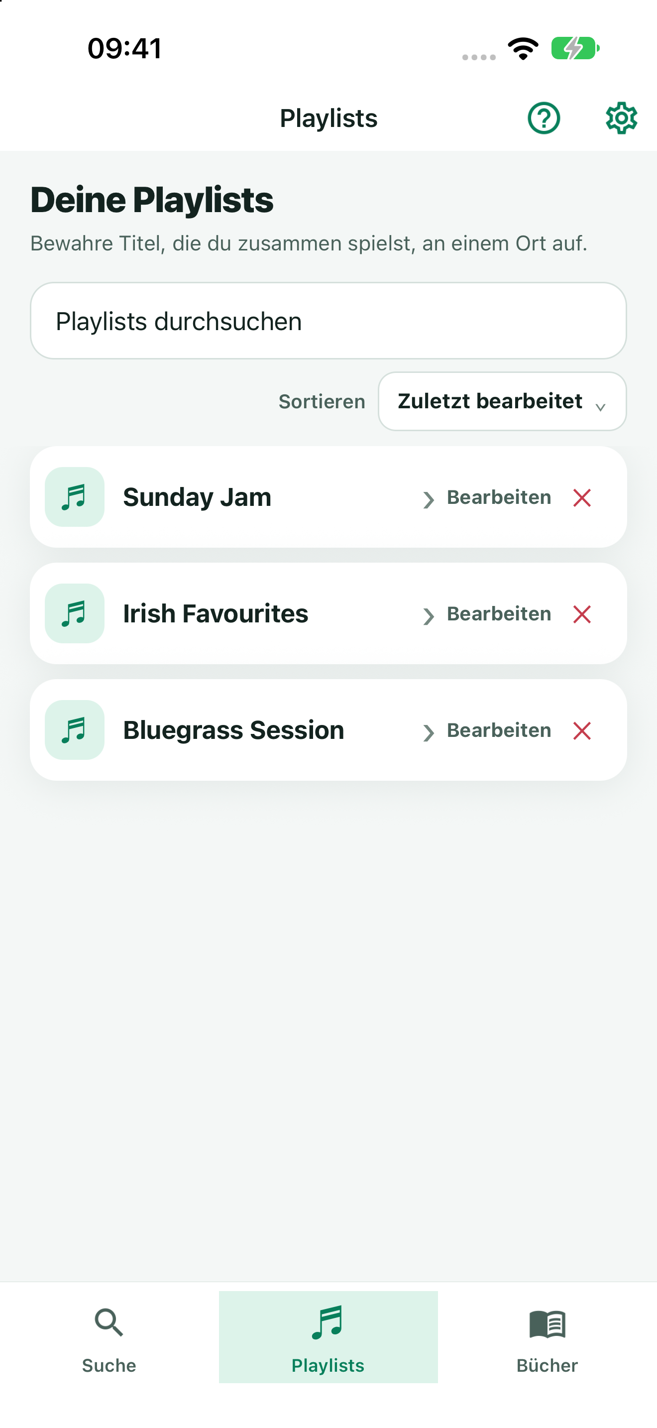 TuneFinder Playlists screen with Bluegrass Session, Irish Favourites, and Sunday Jam setlists