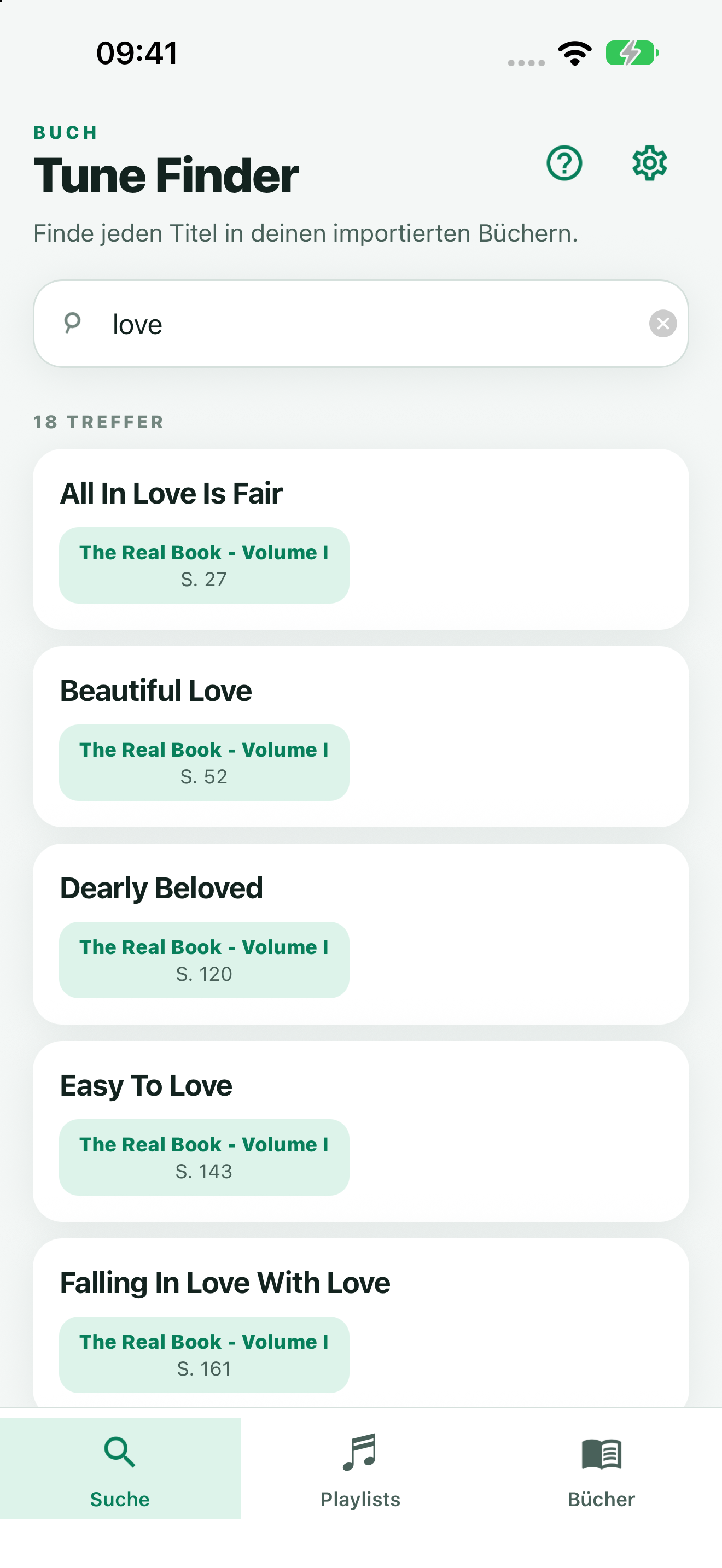 TuneFinder search results for the word love, showing matching tunes and page numbers