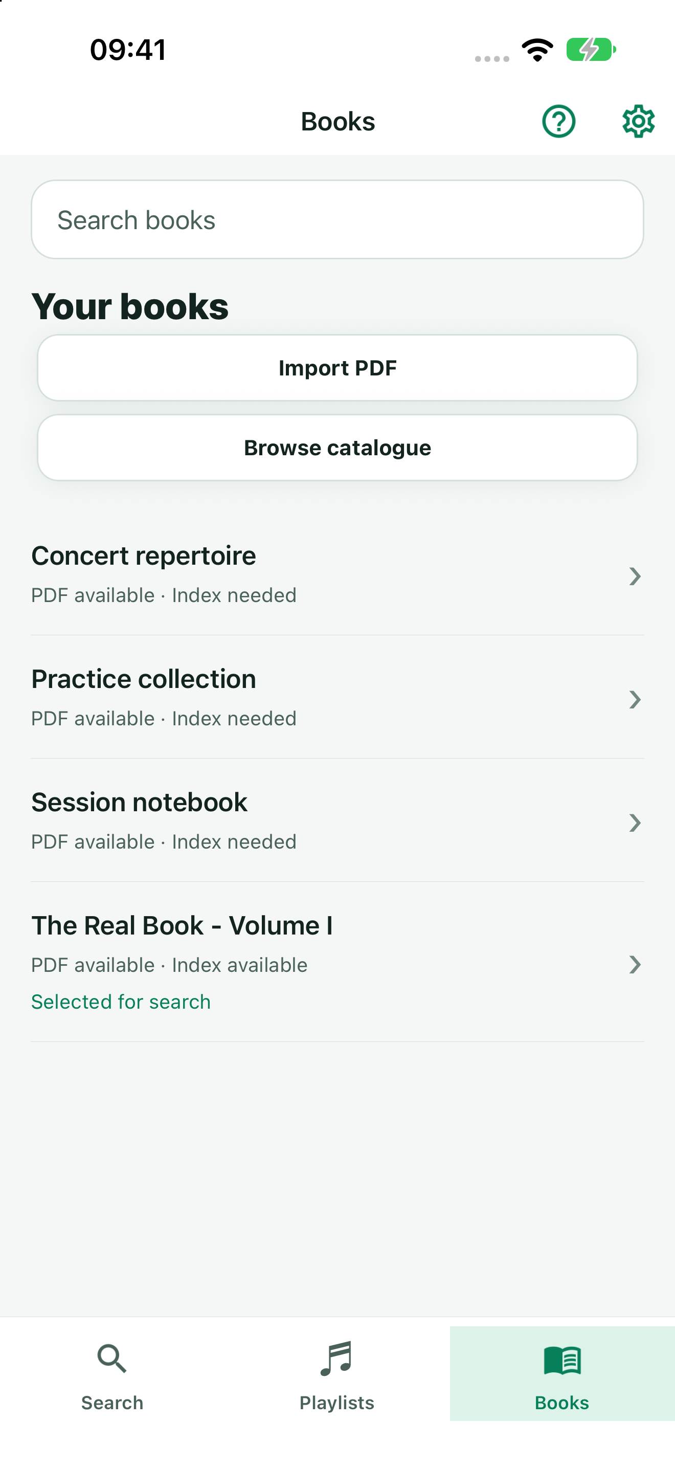 TuneFinder searchable Books library with imported PDFs and a selected search book