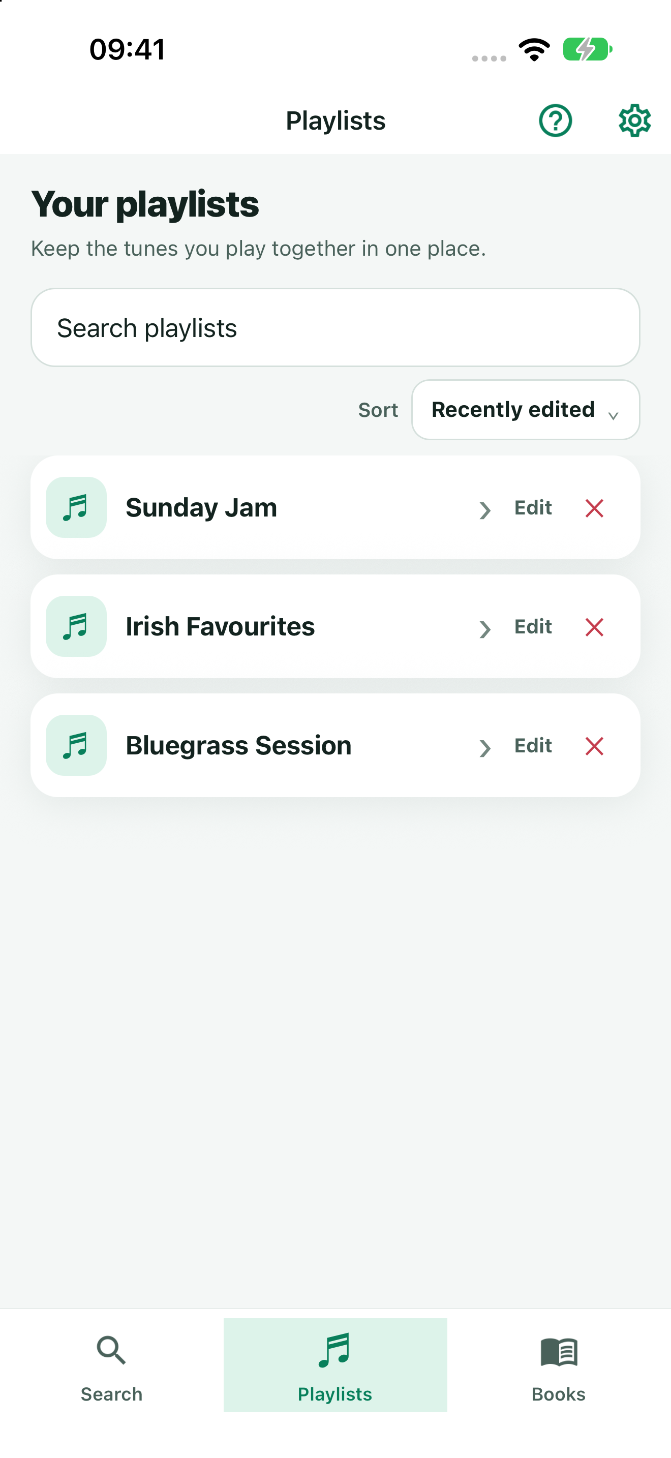TuneFinder Playlists screen with Bluegrass Session, Irish Favourites, and Sunday Jam setlists