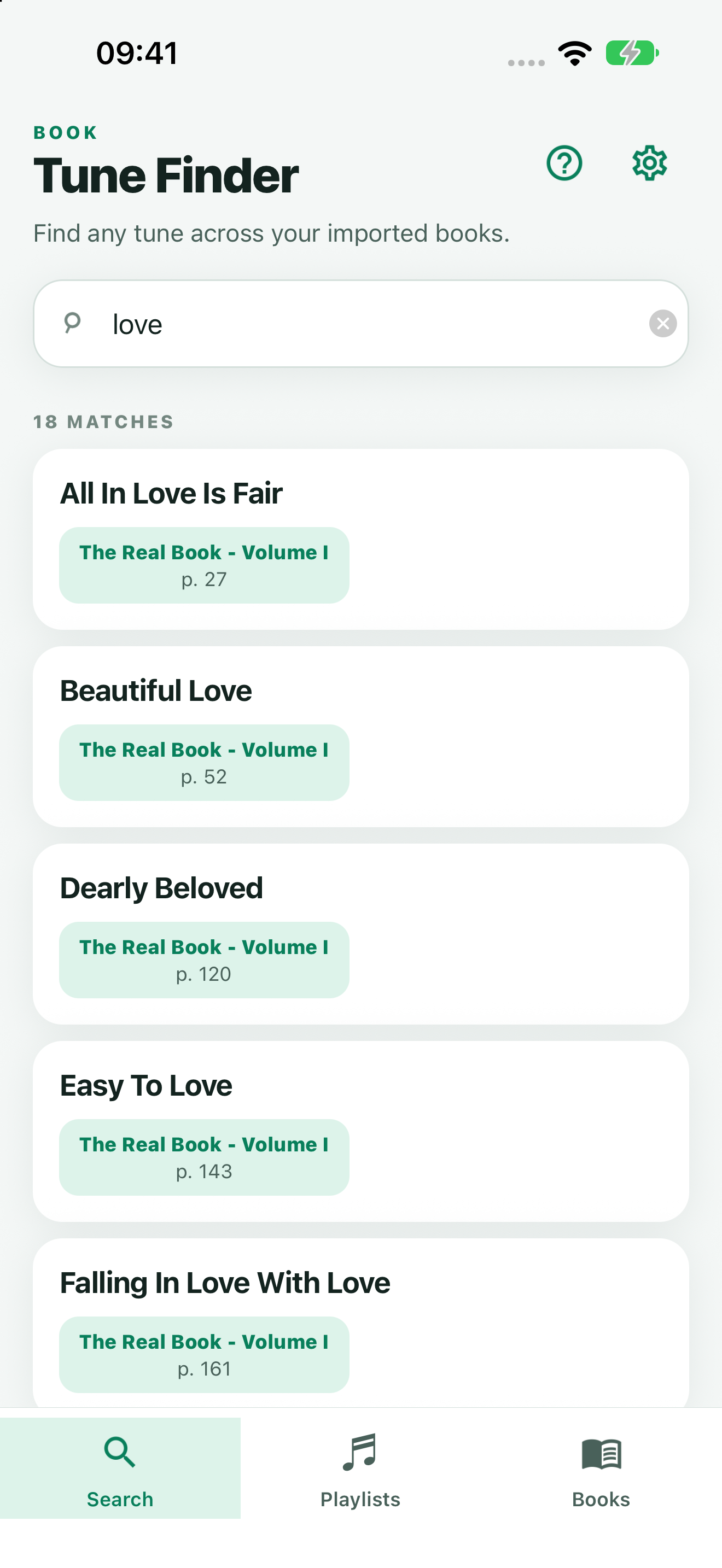 TuneFinder search results for the word love, showing matching tunes and page numbers
