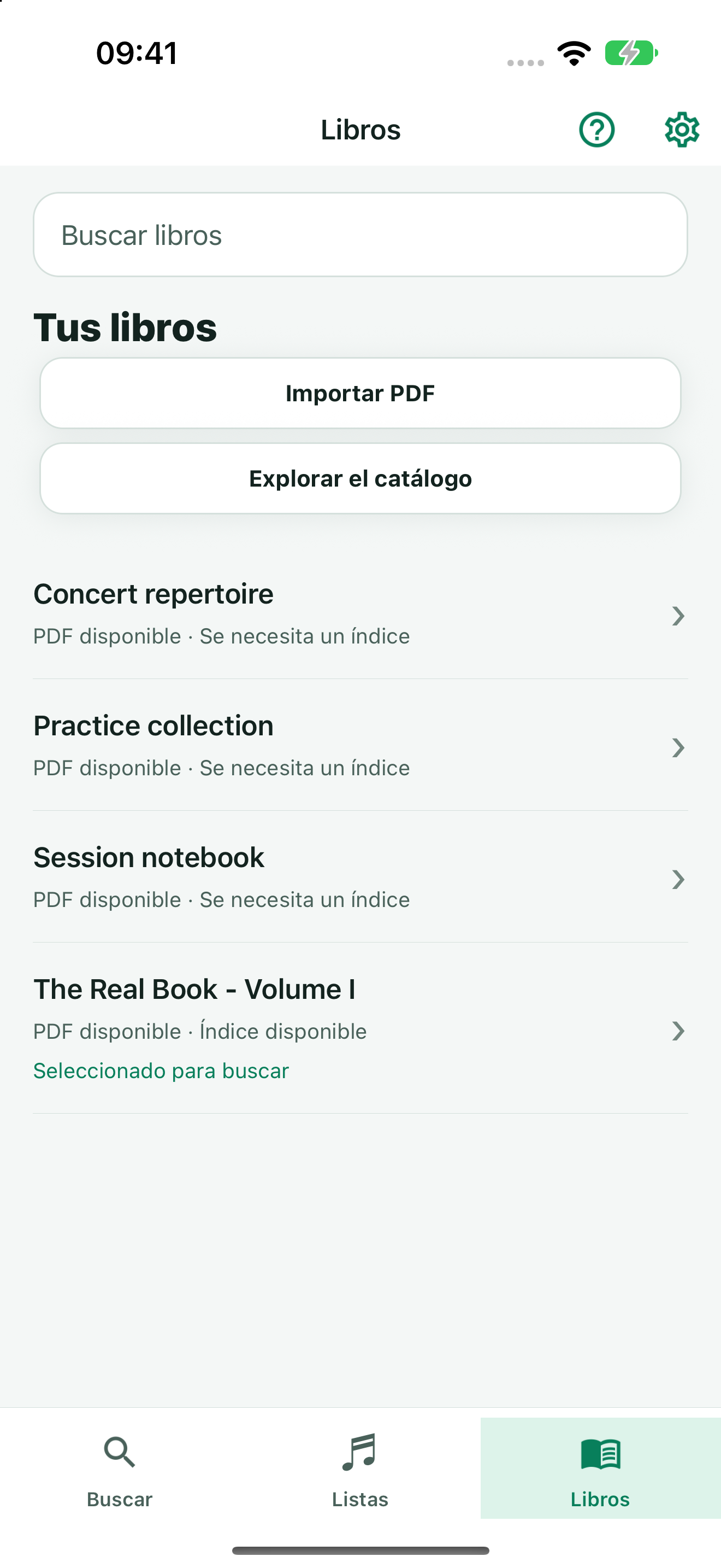 TuneFinder searchable Books library with imported PDFs and a selected search book