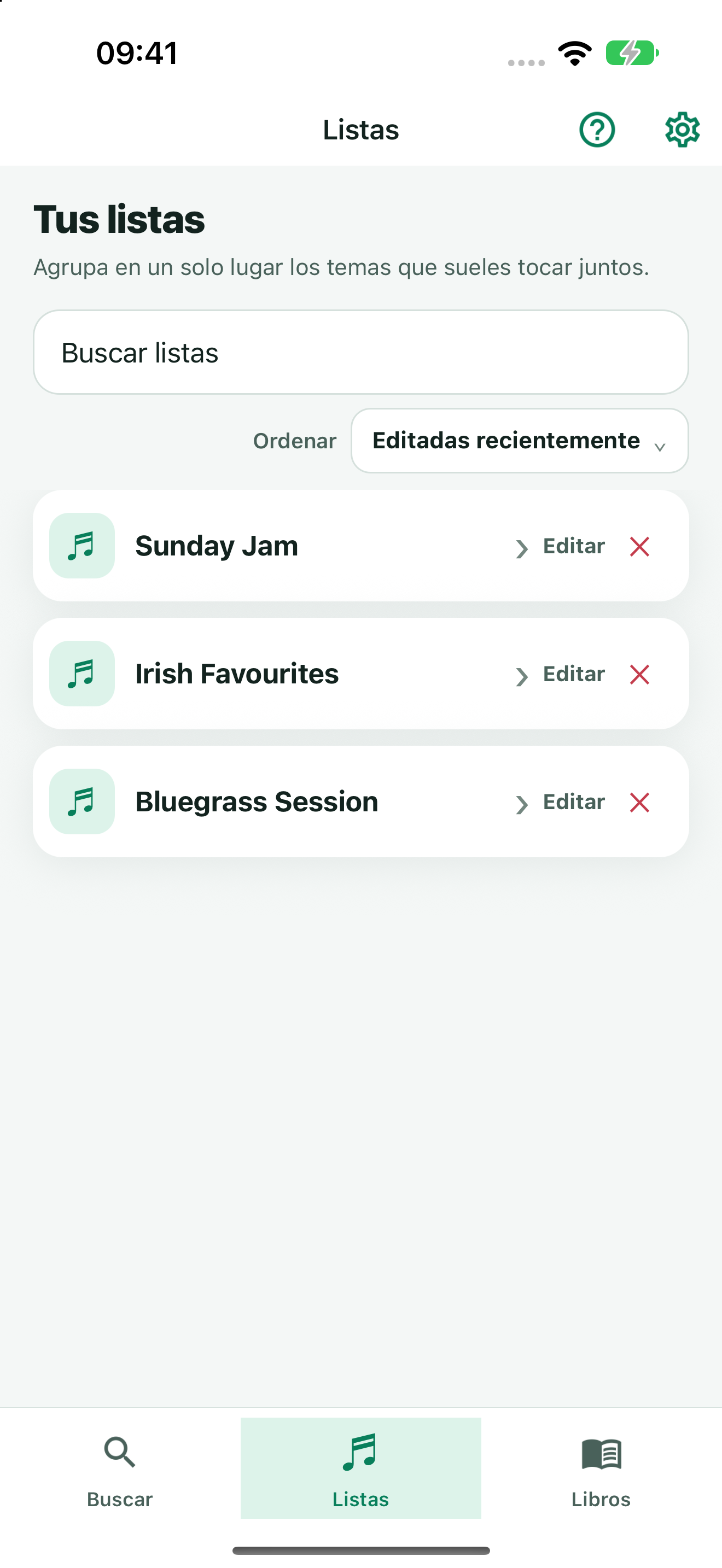 TuneFinder Playlists screen with Bluegrass Session, Irish Favourites, and Sunday Jam setlists