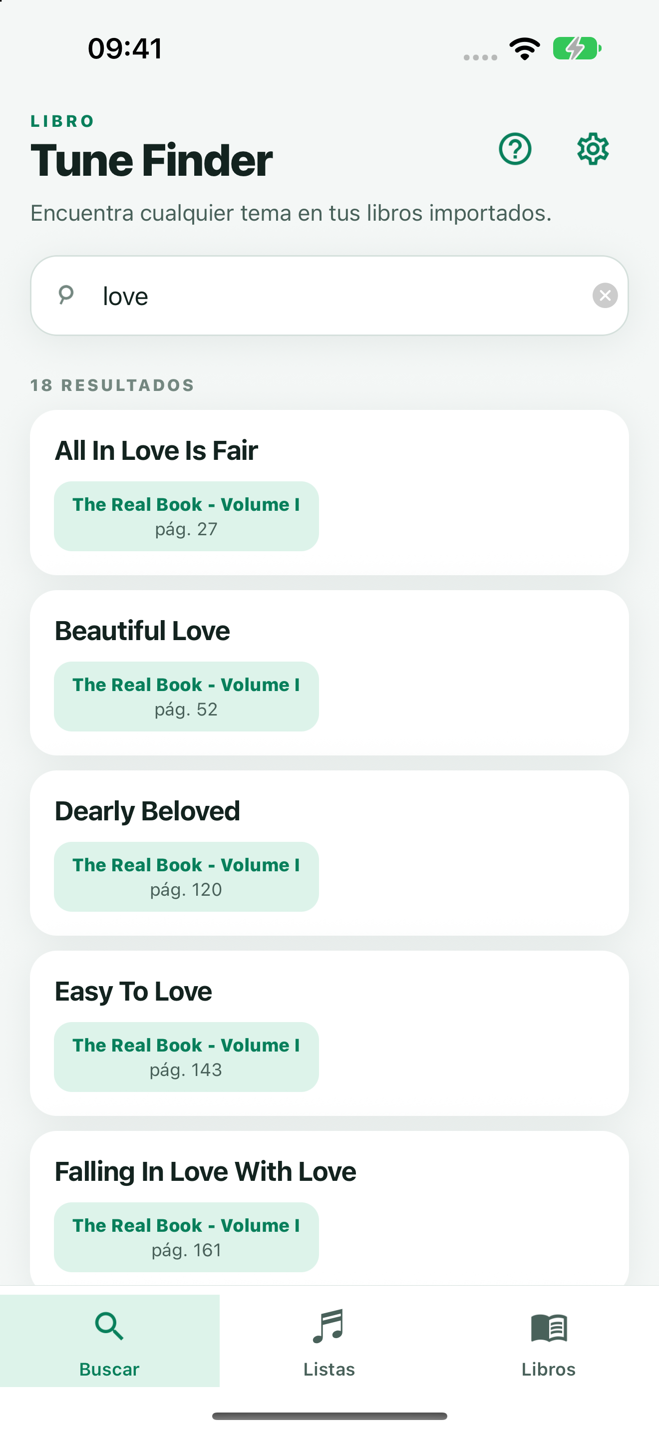 TuneFinder search results for the word love, showing matching tunes and page numbers