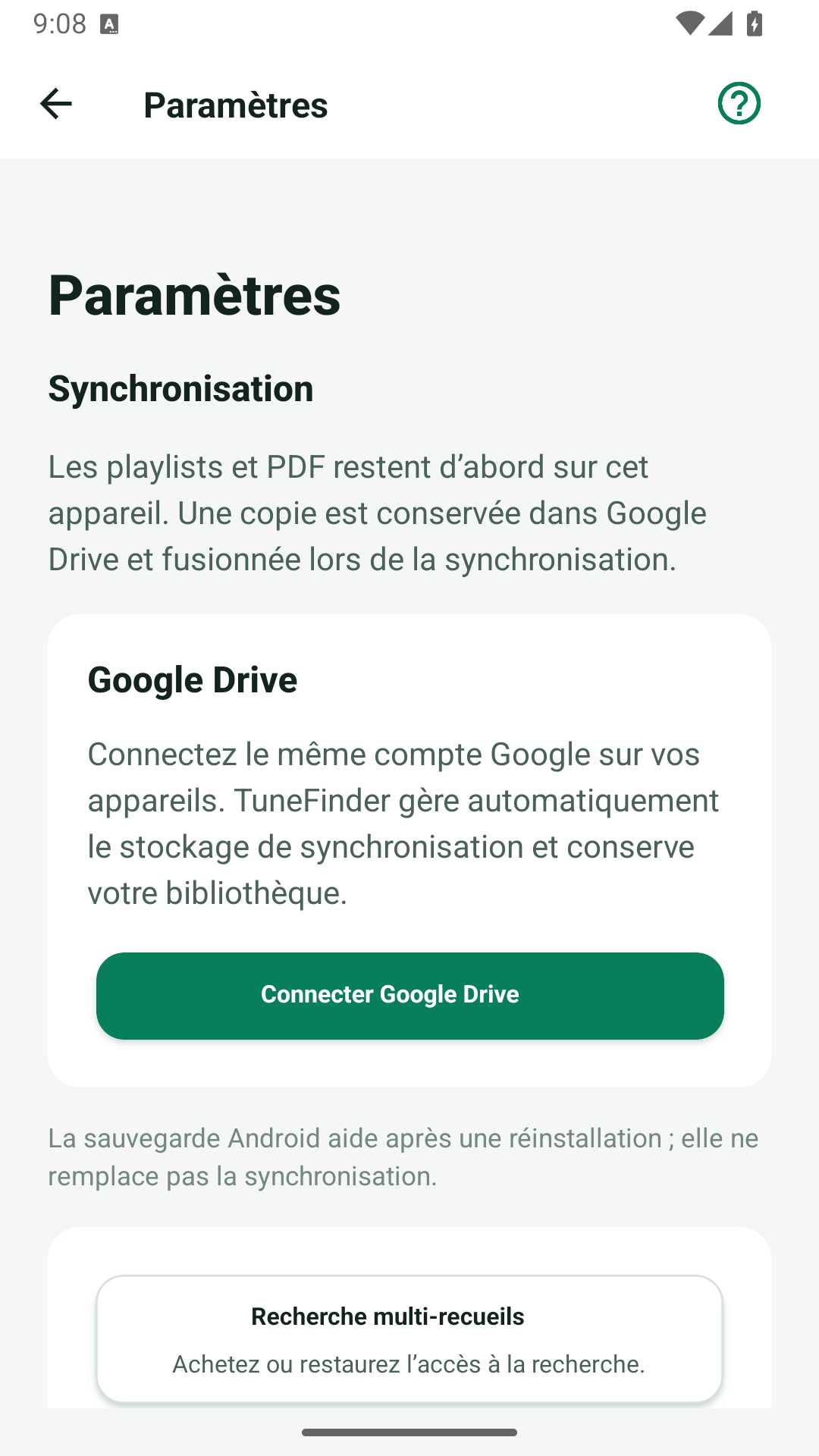 Paramètres Android avec Connecter Google Drive