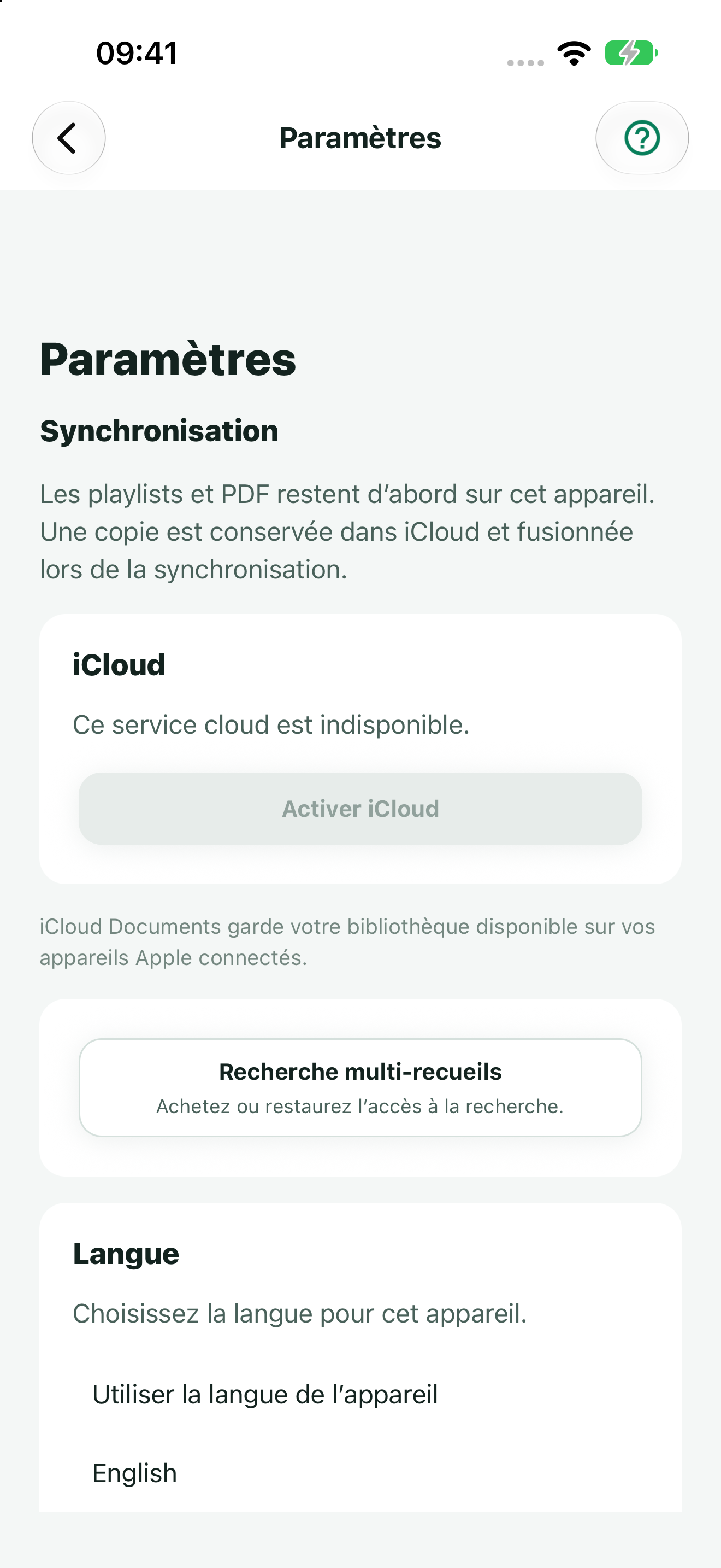Paramètres iOS indiquant la disponibilité d’iCloud