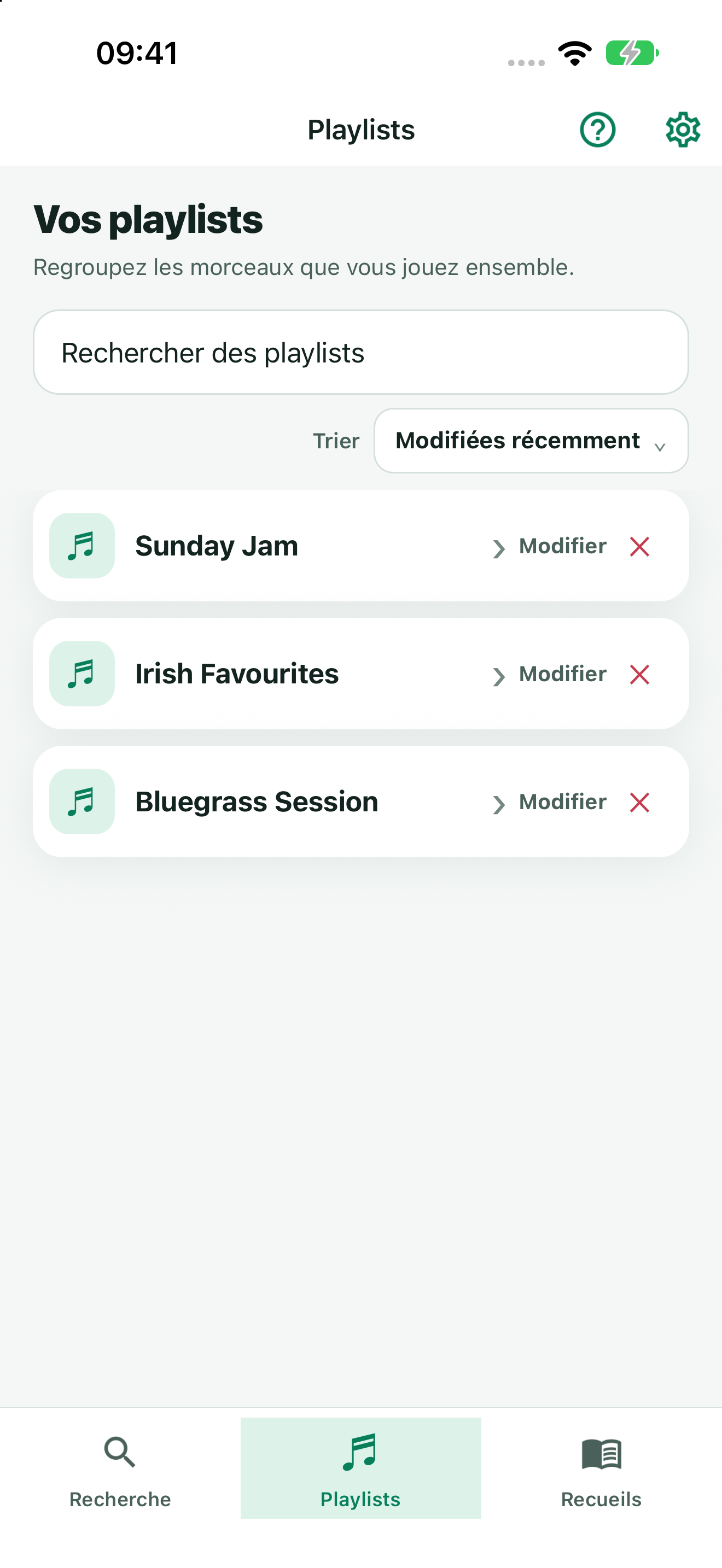 TuneFinder Playlists screen with Bluegrass Session, Irish Favourites, and Sunday Jam setlists