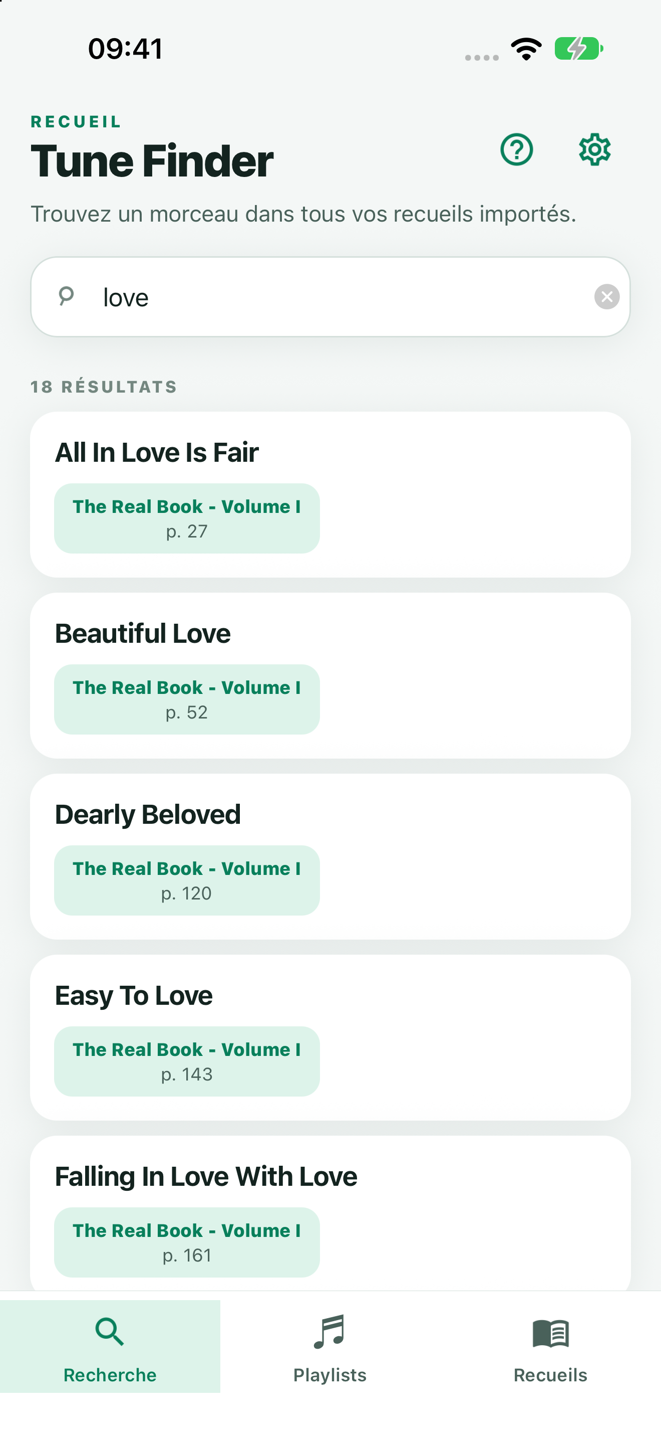 TuneFinder search results for the word love, showing matching tunes and page numbers