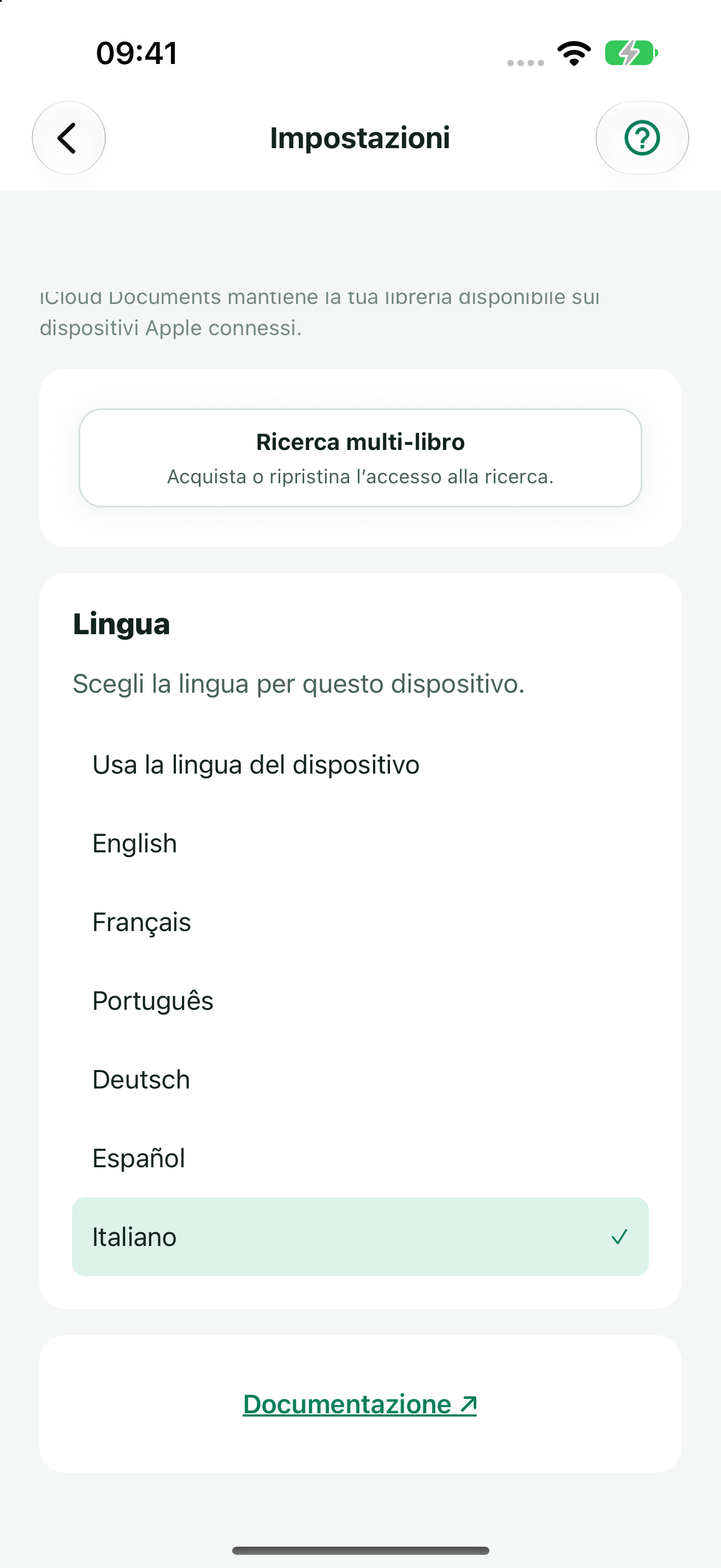 Lingua locale dell’app nelle impostazioni