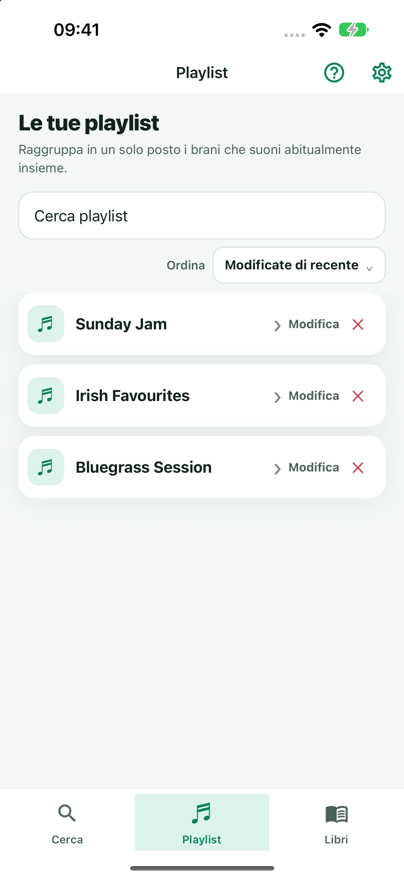 TuneFinder Playlists screen with Bluegrass Session, Irish Favourites, and Sunday Jam setlists