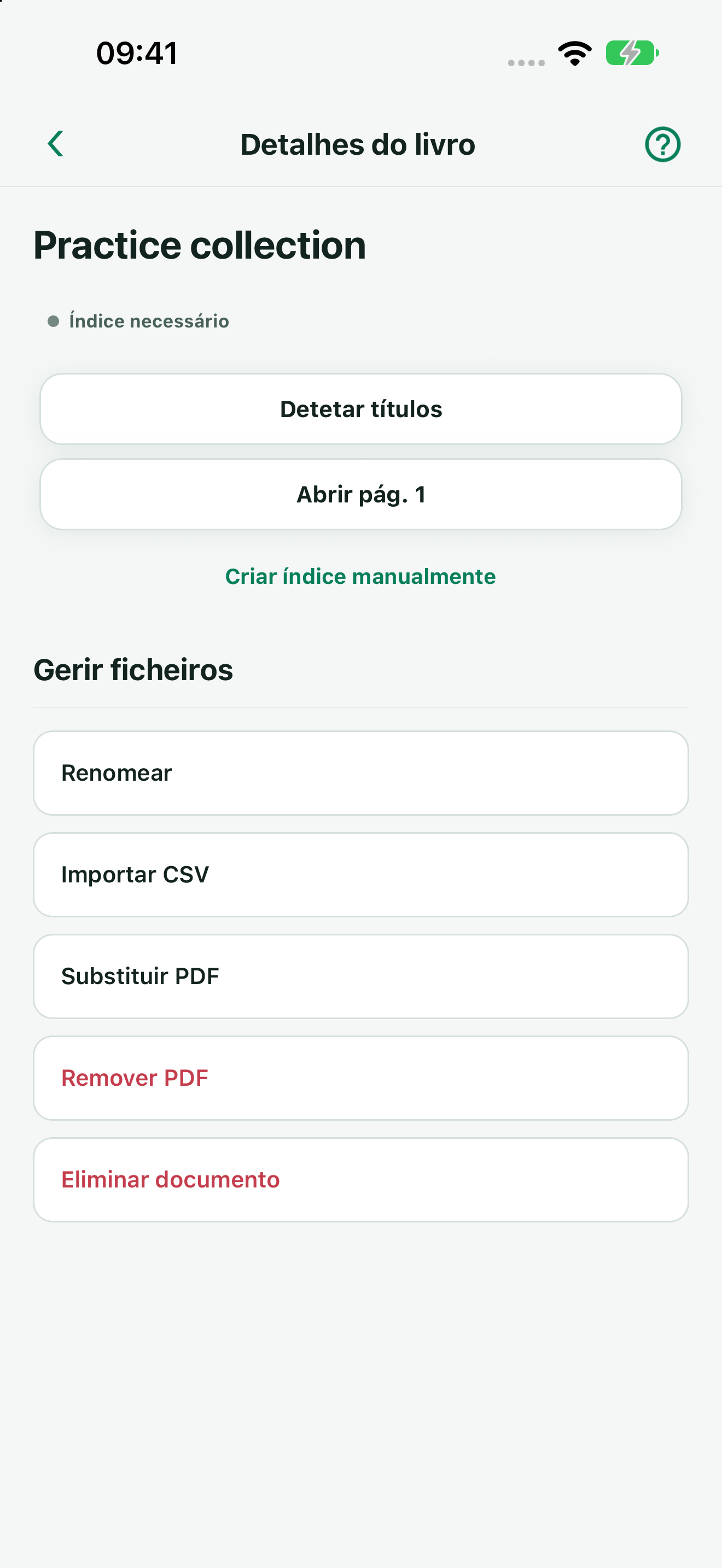 Detalhes com ações separadas para PDF e índices