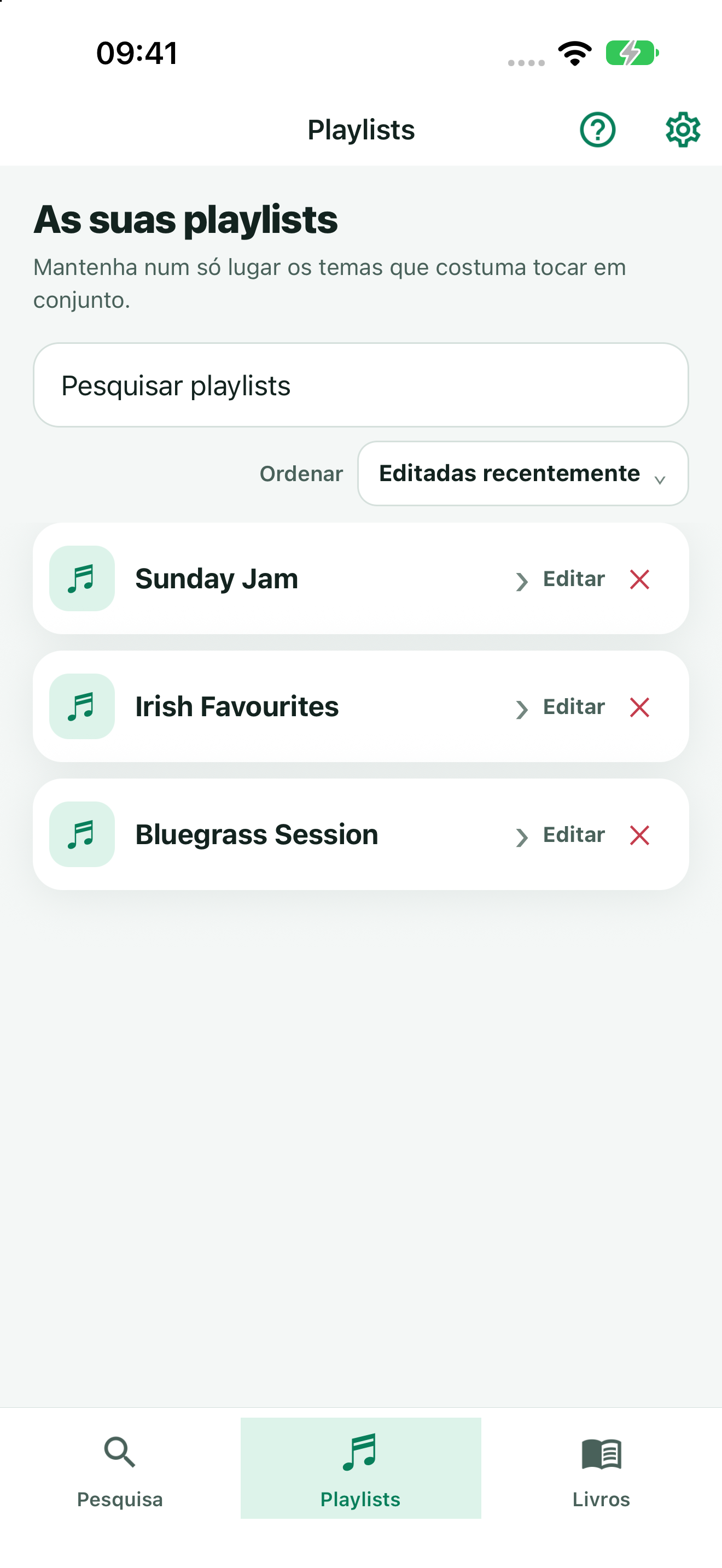 TuneFinder Playlists screen with Bluegrass Session, Irish Favourites, and Sunday Jam setlists